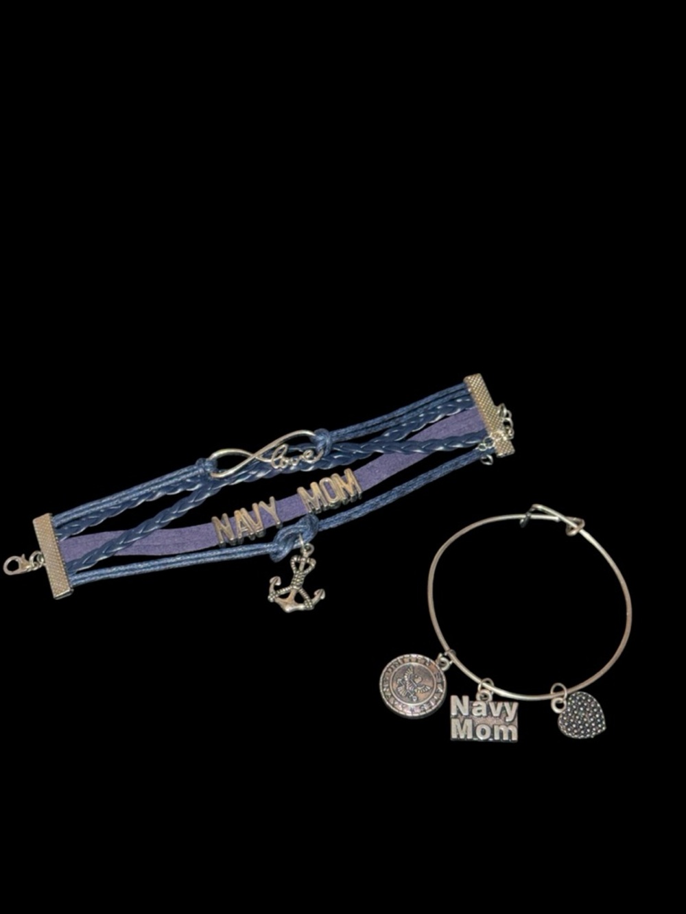 Two Navy Mom Charm bracelets Blue Silver multi strand USN Fashion Costume